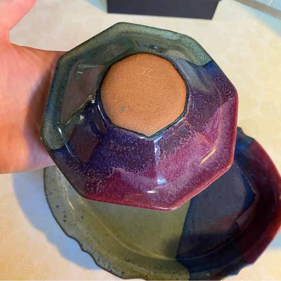 Vintage Pottery Set whimsical colours & heart candle holder jewelry dish catchal - Picture 10 of 12